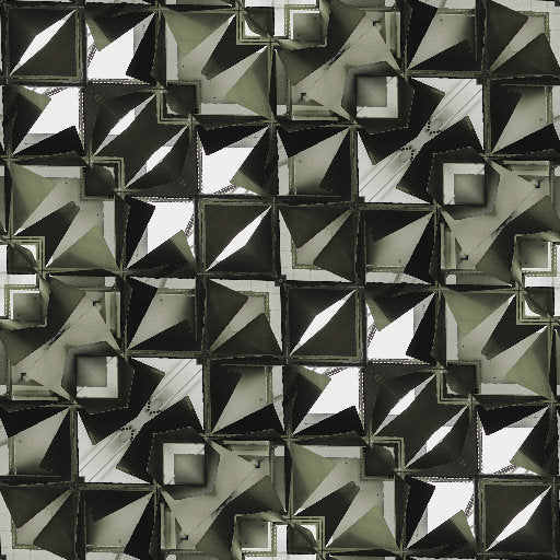 A seamless repeat of yellow and black squares arranged in a diamond symmetry origami pattern on a wall.