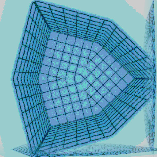 Hex symmetric pattern of isometric 3D objects, resembling architectural constructs, in shades of grey and white.