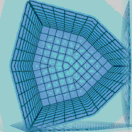 Hex symmetric pattern of isometric 3D objects, resembling architectural constructs, in shades of grey and white.