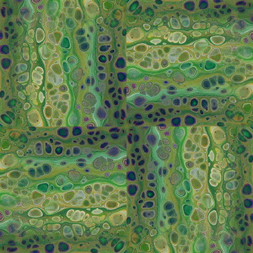 Abstract acrylic pour swirls in a repeating rotation pattern, showcasing vibrant colors and organic shapes.