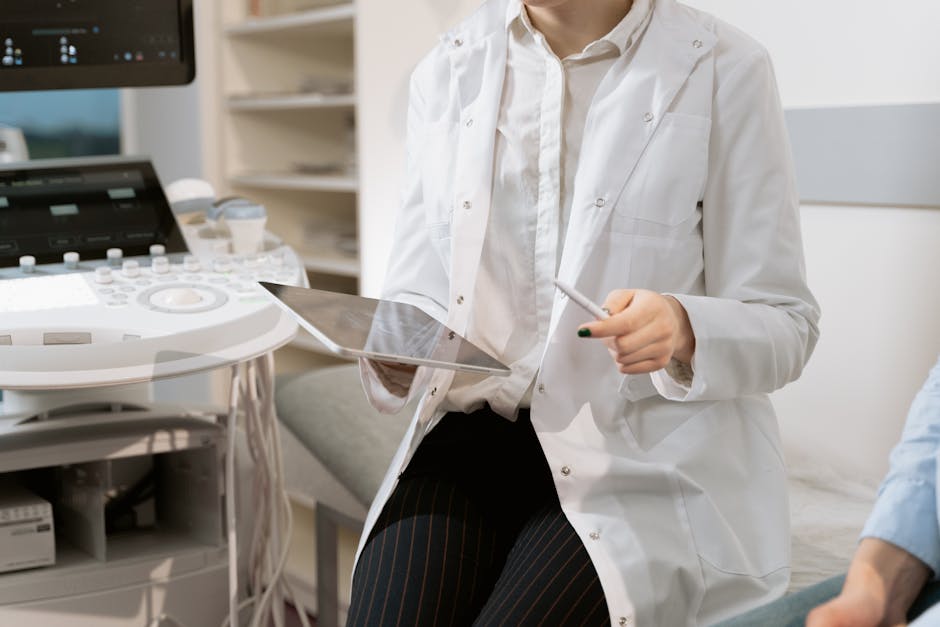 Seamless mirror wallpaper pattern — Medicine by wallpaper⁶ — base photo: Doctor holding a tablet in a modern medical office during a patient consultation.
