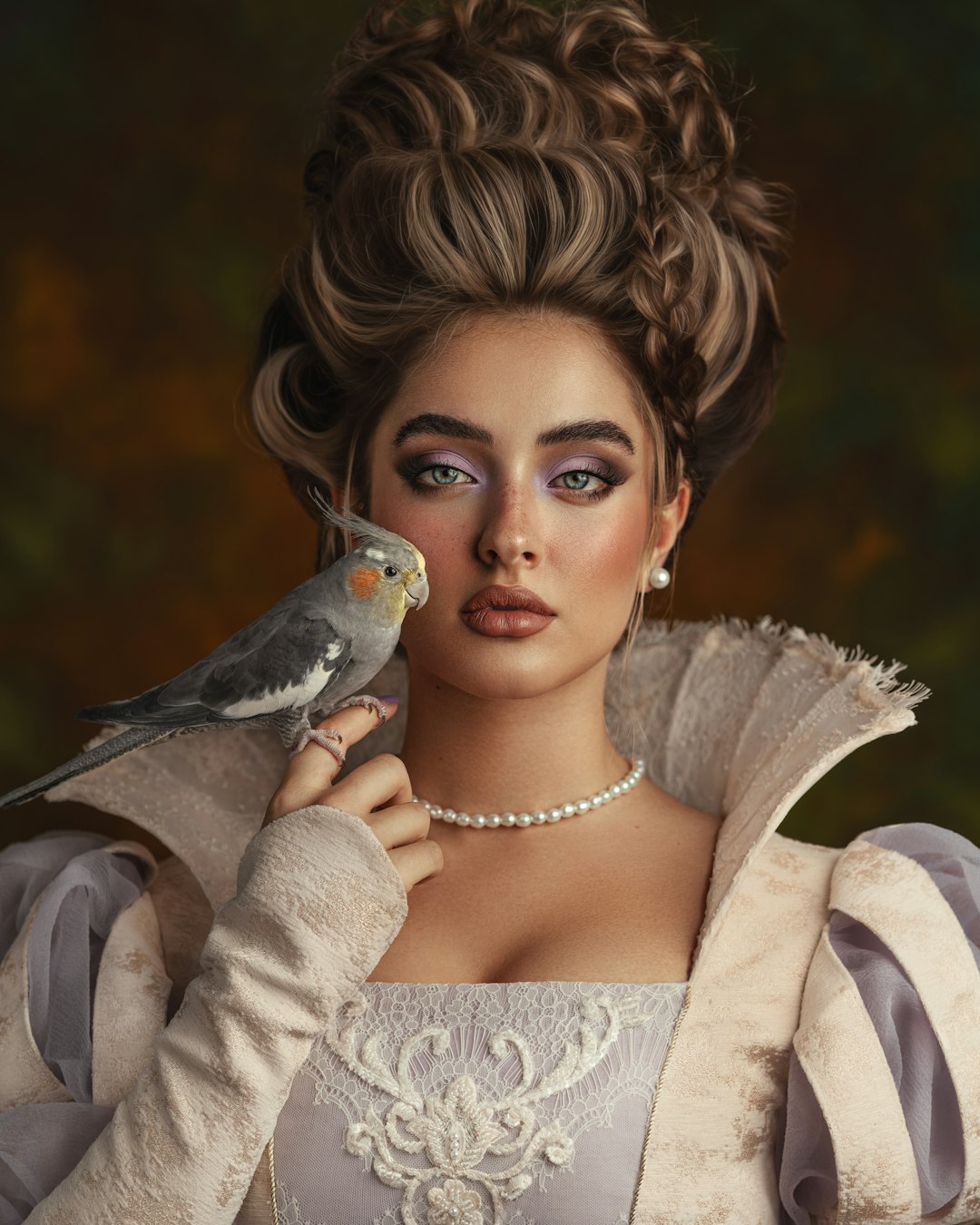 Portraits Mirror wallpaper pattern — base photo: a woman with a bird on her shoulder