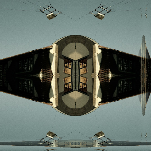 Mirror symmetry pattern featuring red, yellow, and blue geometric Bauhaus shapes on a light background.