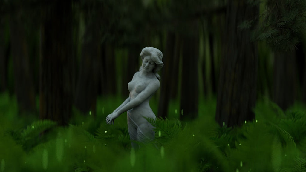 3D Hexagon wallpaper pattern — base photo: a statue in a forest