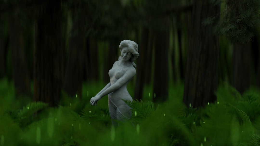 3D Brick wallpaper pattern — base photo: a statue in a forest