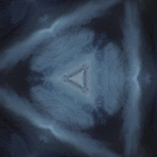 Deep blue abstract patterns arranged in a repeating hexagonal symmetry with crystalline and fluid textures.