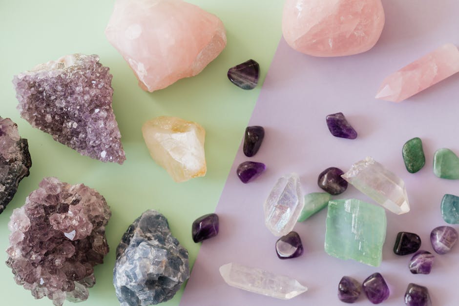 Seamless mirror wallpaper pattern — Biochemistry by wallpaper⁶ — base photo: A variety of crystals and gemstones including amethyst and rose quartz on a pastel background.