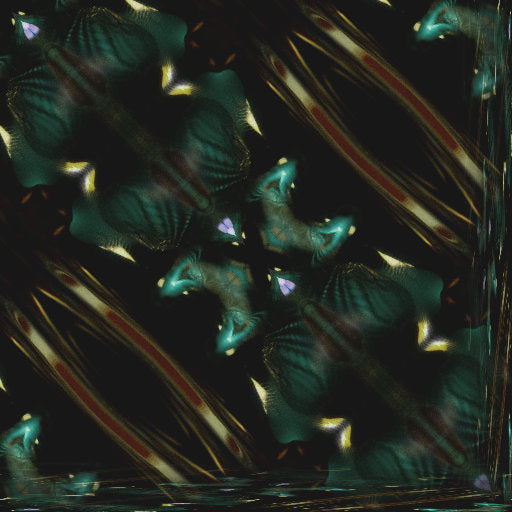 Abstract pattern of glass textures and green light, arranged in a diamond symmetry, inspired by lab beakers.