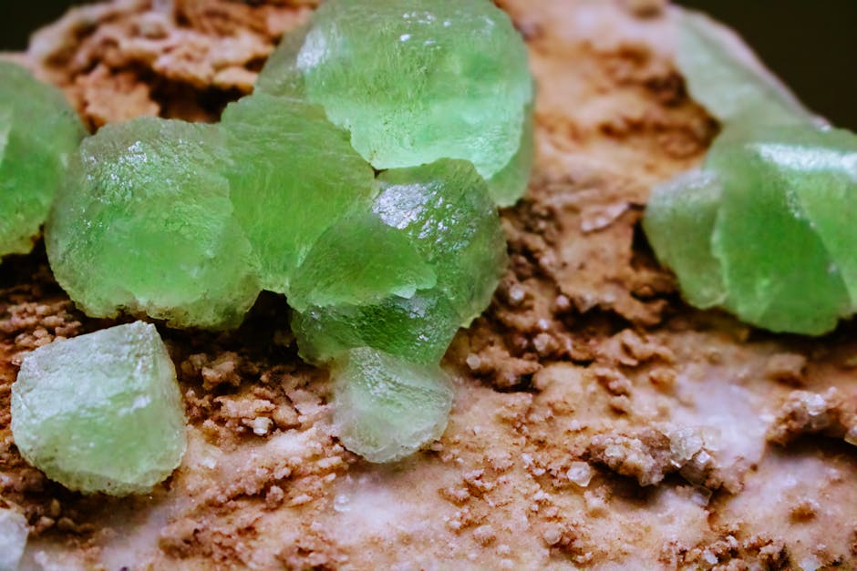 Meteorology Diamond wallpaper pattern — base photo: Close-up of bright green crystals on a textured mineral surface, showcasing natural beauty.