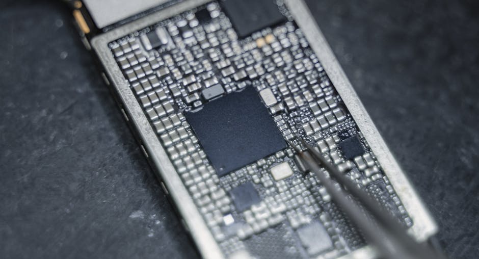 Seamless mirror wallpaper pattern — Glitch by wallpaper⁶ — base photo: Detailed view of a circuit board being worked on with a precision tool, highlighting electronic comp