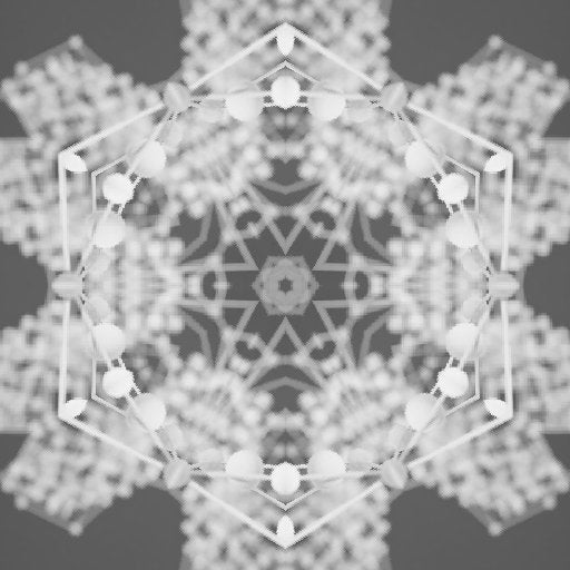 A dark, monochromatic wallpaper pattern showing a radial Kaleidoscope symmetry of 3D geometric prisms and sharp shards.