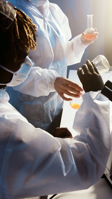 Seamless mirror wallpaper pattern — Biochemistry by wallpaper⁶ — base photo: Two scientists conducting an experiment with beakers in a lab setting.