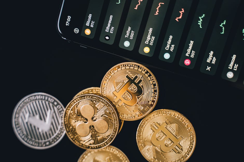 Cryptography Rotation wallpaper pattern — base photo: Close-up view of various cryptocurrency coins with a digital market display in the background.