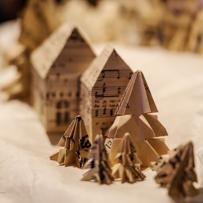 Seamless chevron wallpaper pattern — Origami by wallpaper⁶ — base photo: A close-up of a handmade origami Christmas village featuring paper trees and houses.