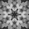 Grayscale abstract pattern of 3D geometric cubes arranged in a kaleidoscope symmetry, creating a modern, multi-dimensional effect.