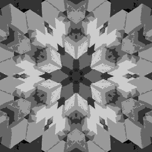 Grayscale abstract pattern of 3D geometric cubes arranged in a kaleidoscope symmetry, creating a modern, multi-dimensional effect.