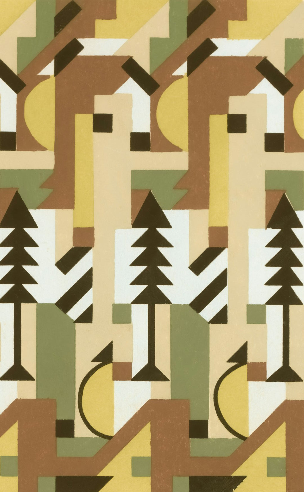 Abstract geometric origami motifs arranged in a repeating diamond symmetry pattern on wallpaper. — base photo: A digitized archival print from the New York Public Library's Art & Architecture Collection, from th