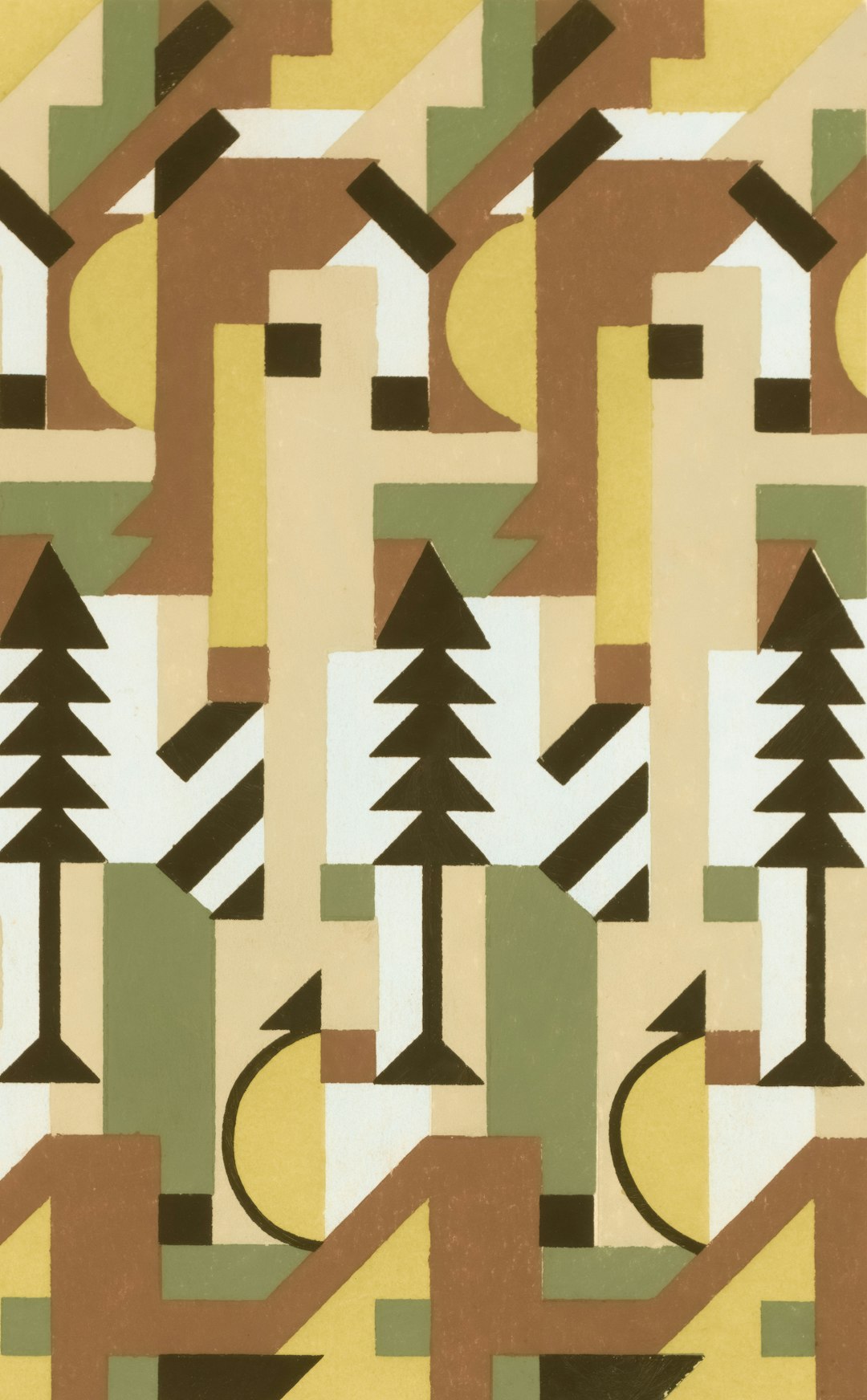 Abstract geometric origami motifs arranged in a repeating diamond symmetry pattern on wallpaper. — base photo: A digitized archival print from the New York Public Library's Art & Architecture Collection, from th