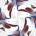 Close-up of red and white acrylic paint swirling in a rotational pattern, forming an abstract wave-like design.