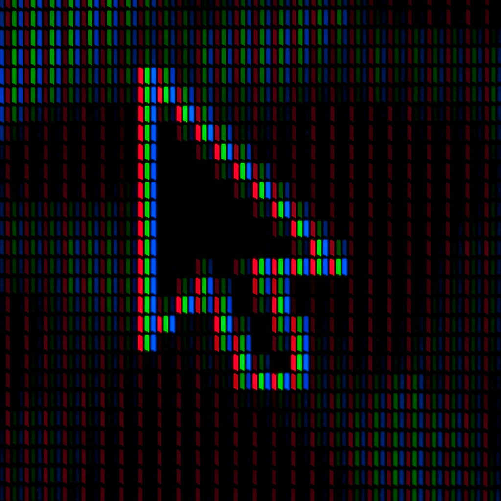 A digital glitch pattern with horizontal stripes of corrupted pixels and a dissolving mouse cursor motif. — base photo: A close-up view of a mouse cursor dissolving into fragmented pixels, forming horizontal lines that s