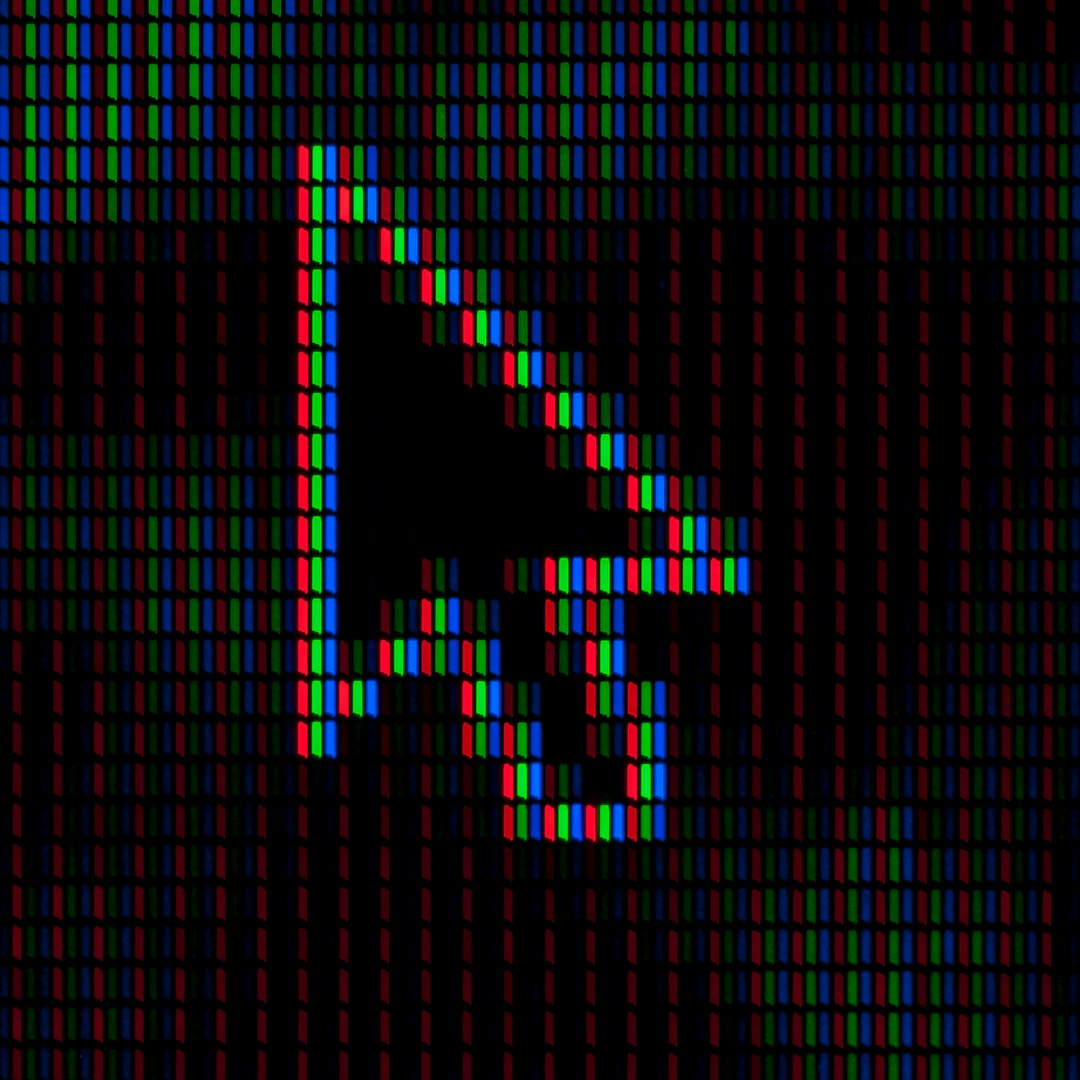 A digital glitch pattern with horizontal stripes of corrupted pixels and a dissolving mouse cursor motif. — base photo: A close-up view of a mouse cursor dissolving into fragmented pixels, forming horizontal lines that s