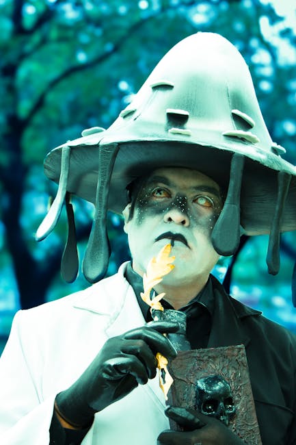 Seamless mirror wallpaper pattern — Biochemistry by wallpaper⁶ — base photo: Man dressed in surreal costume with large hat, holding candle and book, outdoors.