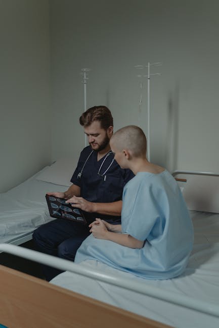 Seamless kaleidoscope wallpaper pattern — Medicine by wallpaper⁶ — base photo: Doctor and patient in hospital room discussing CT scan results on a digital tablet.