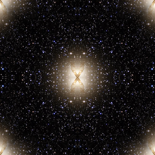 A symmetrical cosmological pattern featuring dark nebulae and star clusters mirrored into a geometric cross formation.