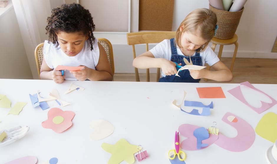Seamless mirror wallpaper pattern — Origami by wallpaper⁶ — base photo: Two children crafting colorful paper shapes, focusing on creativity and fun in an indoor setting.