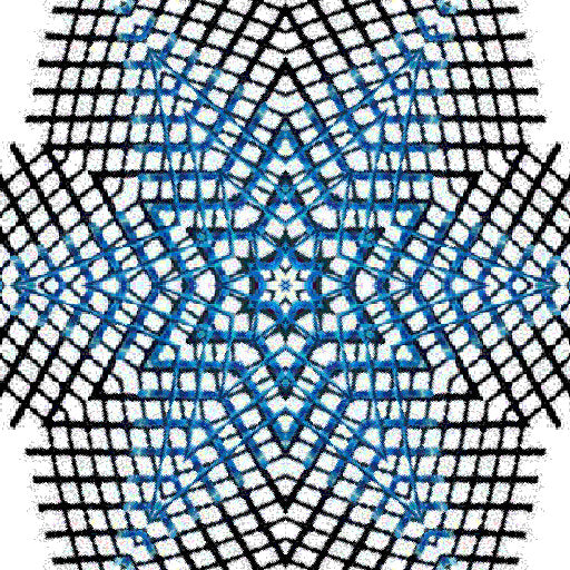 Möbius Twist self-adhesive wallpaper pattern with blue and black abstract grid lines in a Kaleidoscope symmetry on a white background.