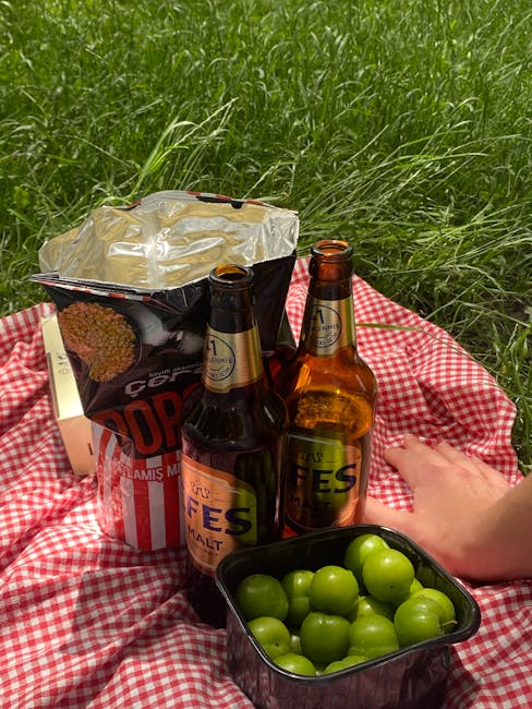 Cryptography Kaleidoscope wallpaper pattern — base photo: Colorful picnic setup in a grassy field with beer, chips, and fresh greengages.