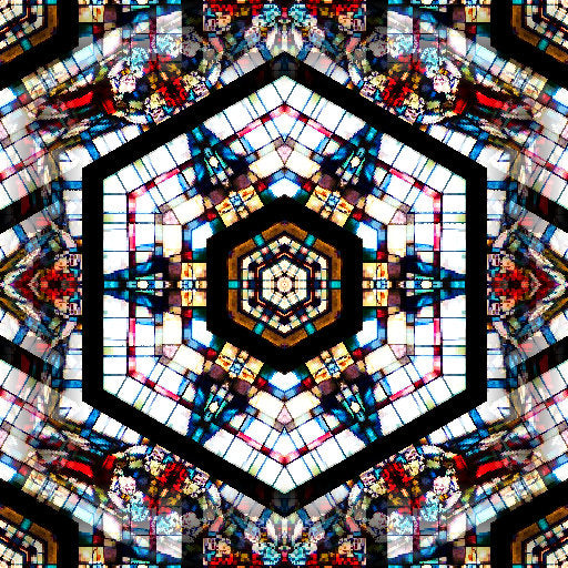 A radial Kaleidoscope pattern of blue and amber stained glass fragments with leaded borders in a complex geometric repeat.