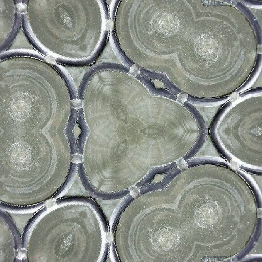 Close-up of a Leaded Glass Clusters wallpaper pattern with a hexagonal repeat, showing intricate dark metal solder lines and abstract glass fragments. Inspired by metal drum containers.