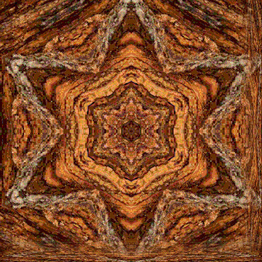 Close-up of tree bark with moss, transformed into a repeating kaleidoscope pattern for botany-themed wallpaper.