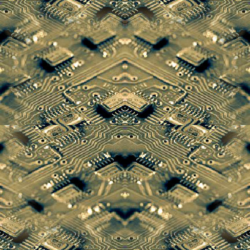Close-up of a microchip circuit board with intricate electronic patterns, forming a seamless repeat for AI-themed brick wallpaper.