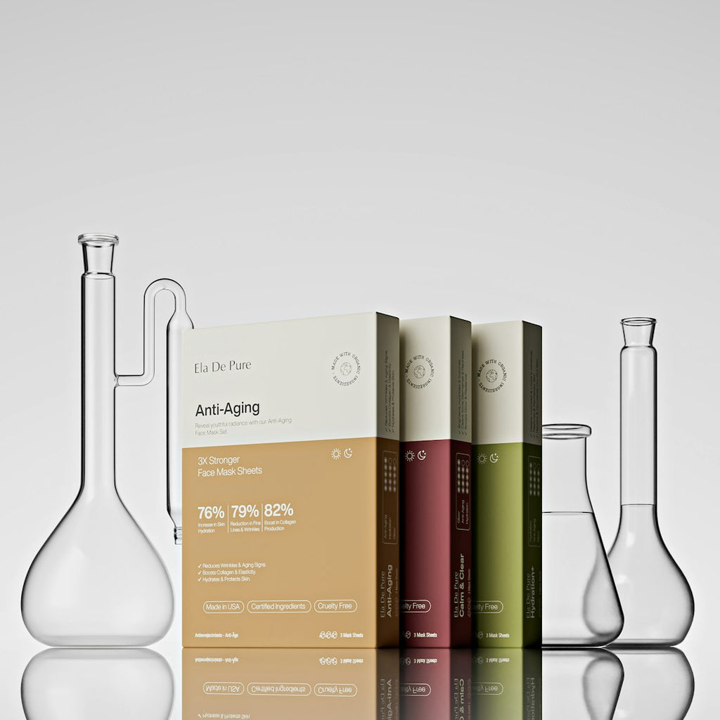 WALLPAPER⁶ — seamless kaleidoscope pattern from chemistry lab glassware, Chemistry — base photo: ChatGPT said: Elegant product display featuring Ela De Pure’s Anti-Aging Face Mask Sheets. The minim