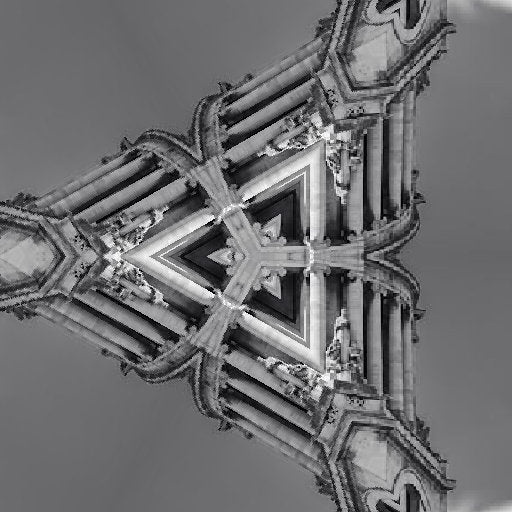 A seamless monochrome wallpaper pattern featuring cathedral architecture mirrored in a complex Hex symmetry arrangement.