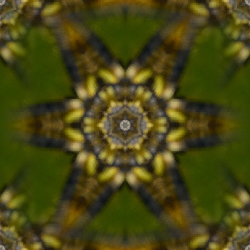 A radial Kaleidoscope pattern featuring vibrant green and blue iridescent insect shells and wings in a symmetrical layout.