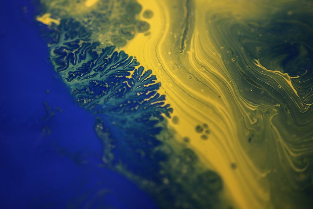 Fractals Hexagon wallpaper pattern — base photo: This experimental painting features flowing yellow paint, across a background of blue, with blue-gre