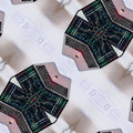 A seamless repeat pattern of statistical data charts and graphs arranged in a diamond symmetry layout for a modern wall covering.