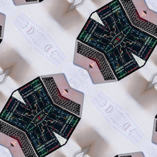 A seamless repeat pattern of statistical data charts and graphs arranged in a diamond symmetry layout for a modern wall covering.