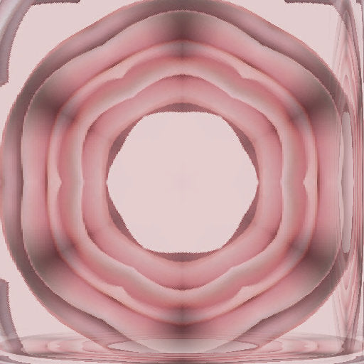 Close-up of a digital pattern showing an intricate arrangement of 3D isometric pink and white swirls in a kaleidoscopic repeat, by Irene Demetri.