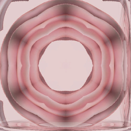 Close-up of a digital pattern showing an intricate arrangement of 3D isometric pink and white swirls in a kaleidoscopic repeat, by Irene Demetri.