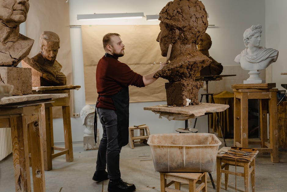 3D Hexagon wallpaper pattern — base photo: A sculptor carefully crafts a clay bust in a well-lit art studio.