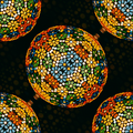 A colorful stained glass mosaic pattern arranged in a repeating diamond symmetry, featuring vibrant blue, red, and yellow shards.