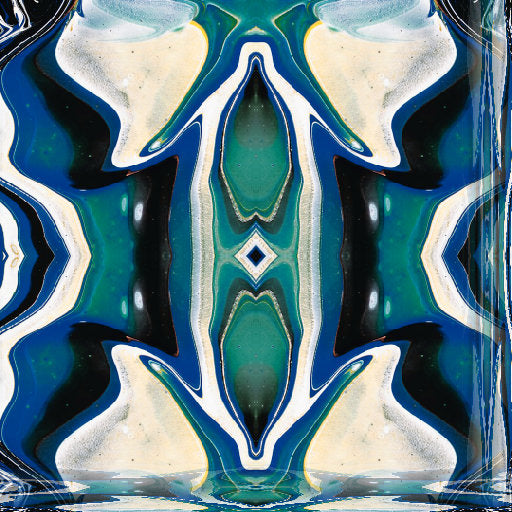 Abstract acrylic pour wallpaper with blue and white swirls in mirror symmetry. A design by Susan Wilkinson.