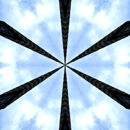 A radial kaleidoscope pattern of white and gold stained glass shards, forming a complex geometric repeat with architectural clarity.