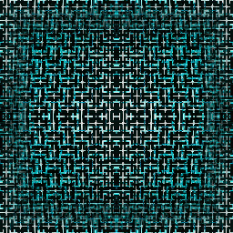 An intricate monochrome Op-Art pattern featuring mirrored geometric lines and sharp angles in a symmetrical grid reflection.