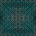 An intricate monochrome Op-Art pattern featuring mirrored geometric lines and sharp angles in a symmetrical grid reflection.