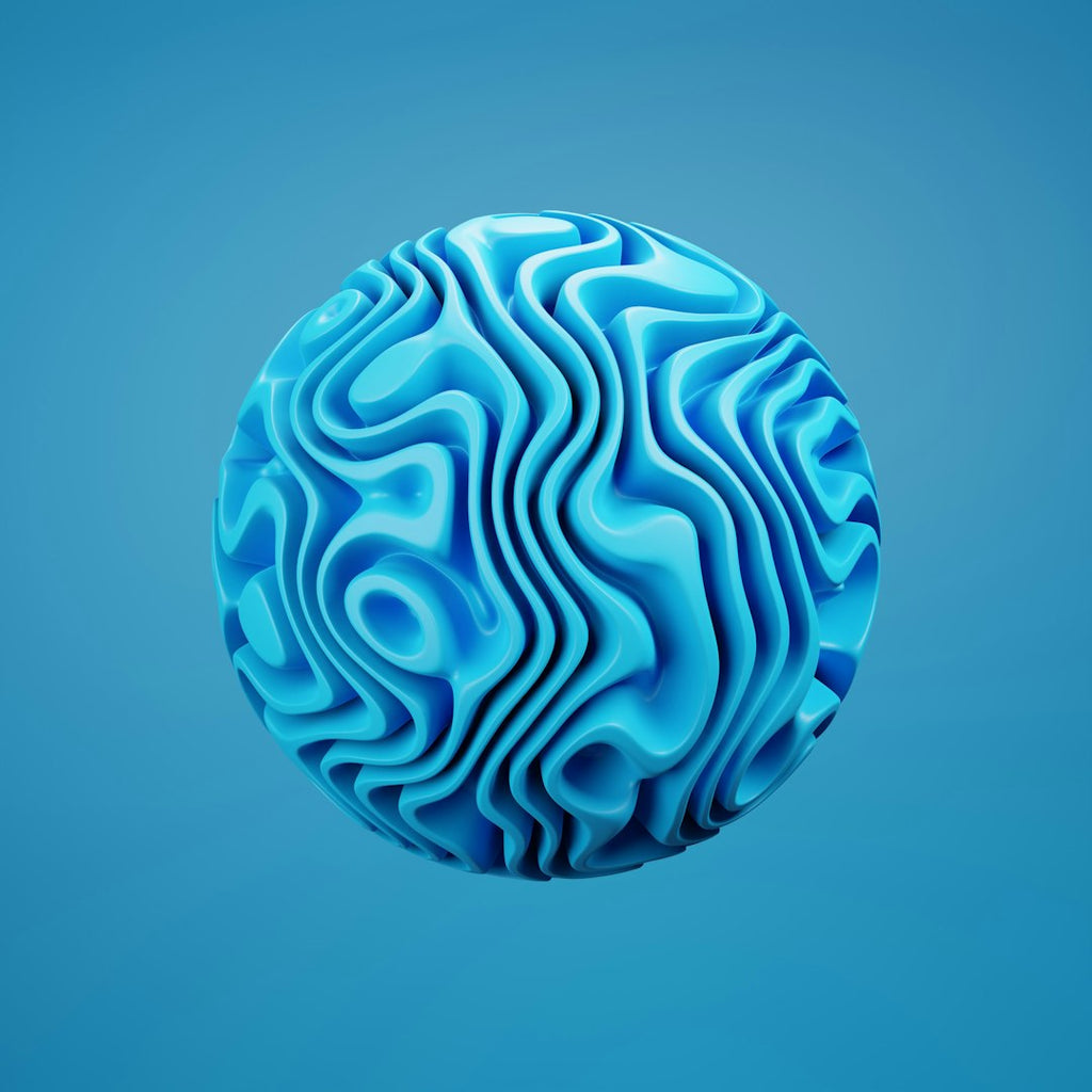 A seamless wallpaper pattern featuring a blue torus shape repeating in a pinwheel symmetry, creating a swirling blue vortex effect. — base photo: A high-speed photograph by Arijit Anand featuring a vibrant blue toroidal object captured mid-flight